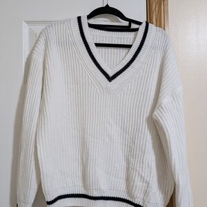 White V-Neck Sweater with Black Trim